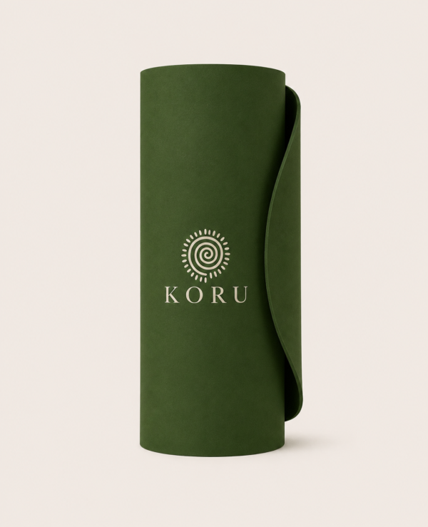 Grøn yogamåtte med Koru-logo til yoga, pilates og meditation.